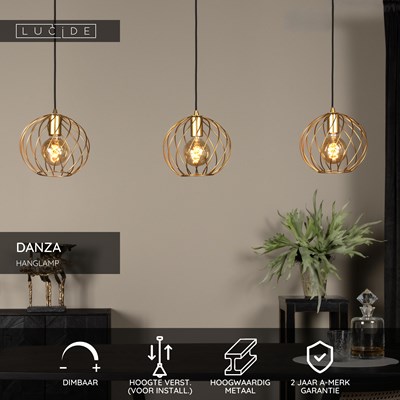 Lucide DANZA - Hanglamp - 3xE27 - Mat Goud / Messing